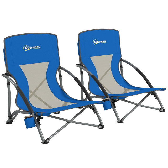 Outsunny Set of 2 Folding Beach Chair, Beach Chairs with Mesh Back, Carry Bag and Cup Holder for Outdoor Camping Lawn Sports Picnic, Dark Blue