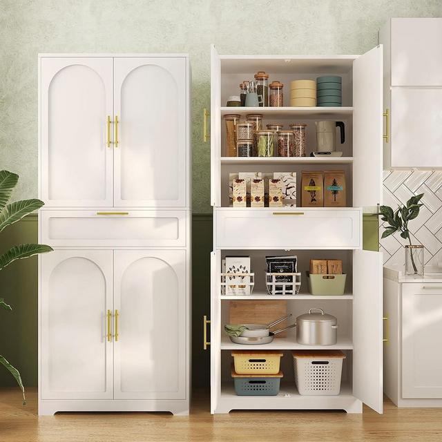 Hzuaneri 71" Kitchen Pantry Storage Cabinet, Tall Storage Cabinet with Adjustable Shelves, 1 Drawer, 4 Doors, Freestanding Cupboards Sideboard for Dining Room, Living Room, Laundry, White PT18103X