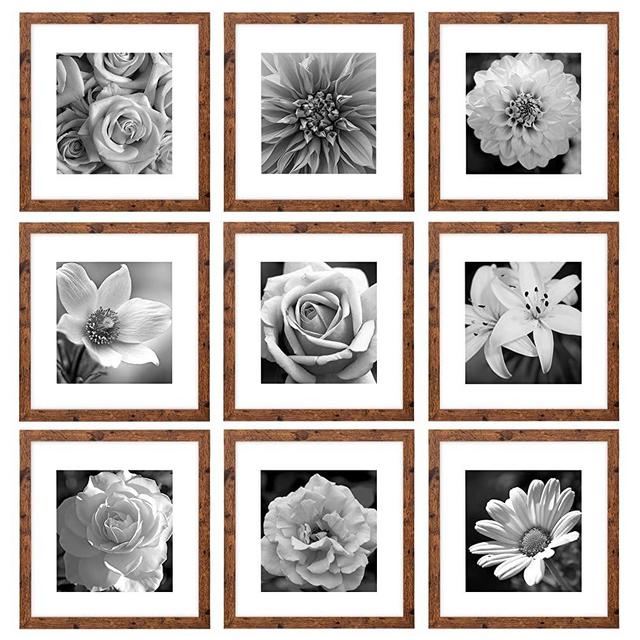 eletecpro Picture Frames Black Set of 9, Wooden Square Photo Frame, Poster Frame for Wall Hanging Home Decoration, Mounting Hardware Included (Rustic Brown, 12x12)