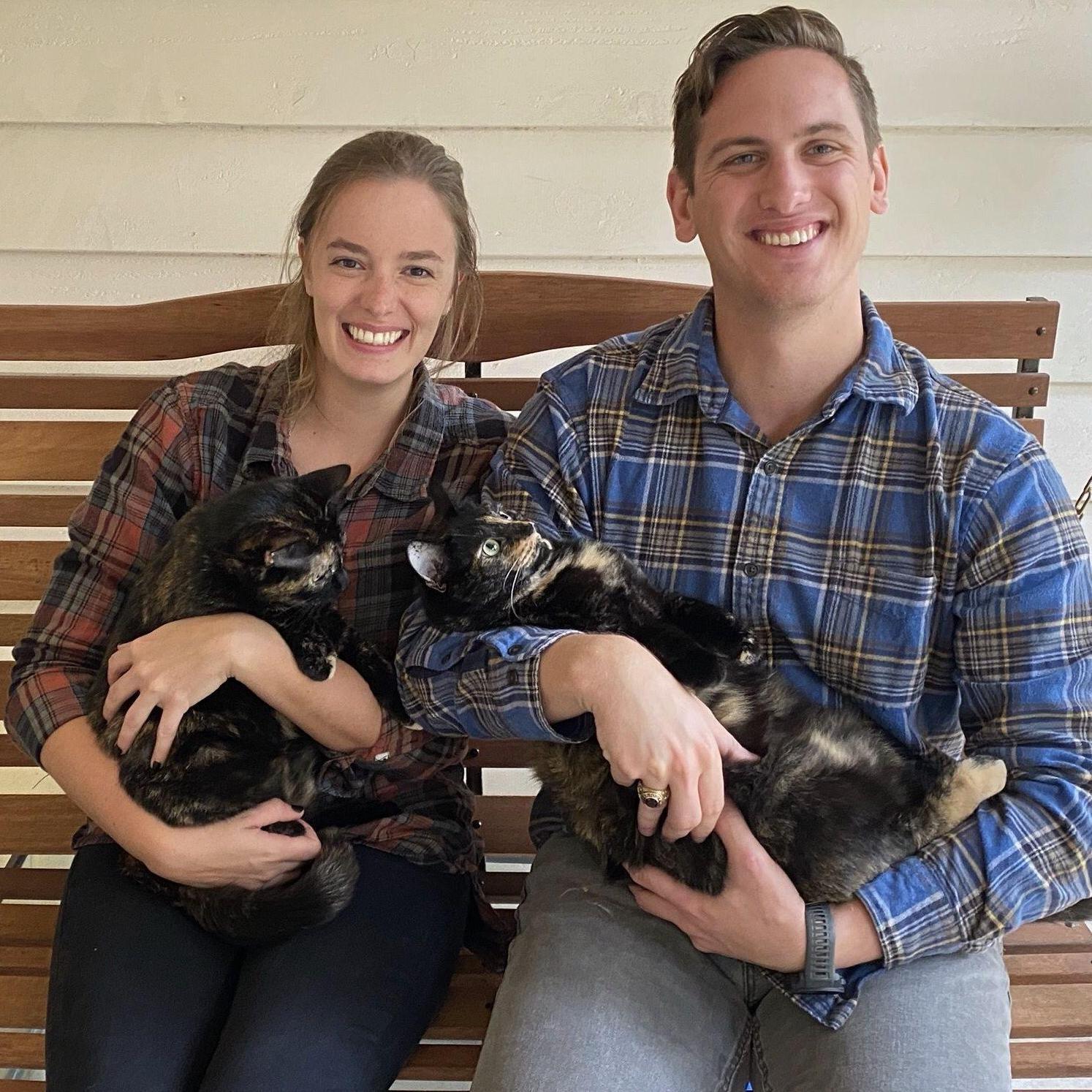 Family photo taken with our cats after our COVID-19 restricted courthouse wedding in all plaid (October 2020).