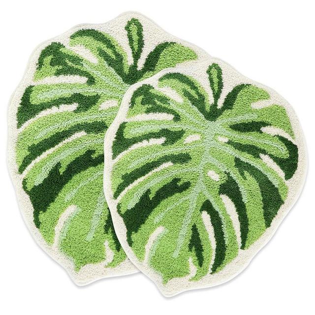 Litabel Green Leaf Bathroom Rug Set 2 Piece, Cute Non Slip Monstera Shaped Plush Bath Mat Rug Set, Soft Absorbent Washable Bathroom Floor Mat Plant Shower Rug Bathmat Doormat (21"x25"+26"x32")