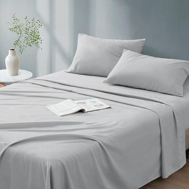 Comfort Spaces 100% Cotton Sheet Set Breathable, Lightweight, Soft with 14" Elastic Pocket Fits up to 16" Mattress, All Season Cozy Bedding, Matching Pillow Case, Queen Grey 4 Piece