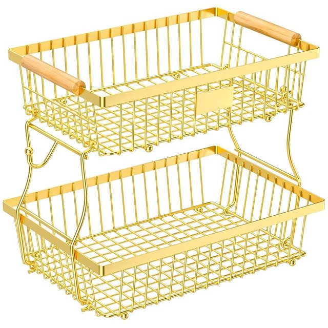 Astrorhine 2 Tier Fruit Basket for Kitchen Counter with 2 Banana Hangers, Countertop Metal Fruit Bowl with Wooden Handle, Large Storage Stand for Vegetables, Snacks, Breads, Produce Storage – Gold