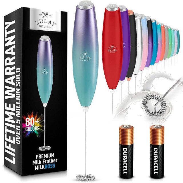 Zulay Kitchen Milk Frother Handheld Electric Whisk with AA Duracell Batteries – Durable Drink Mixer for Coffee, Lattes, Cappuccinos & More - Aurora