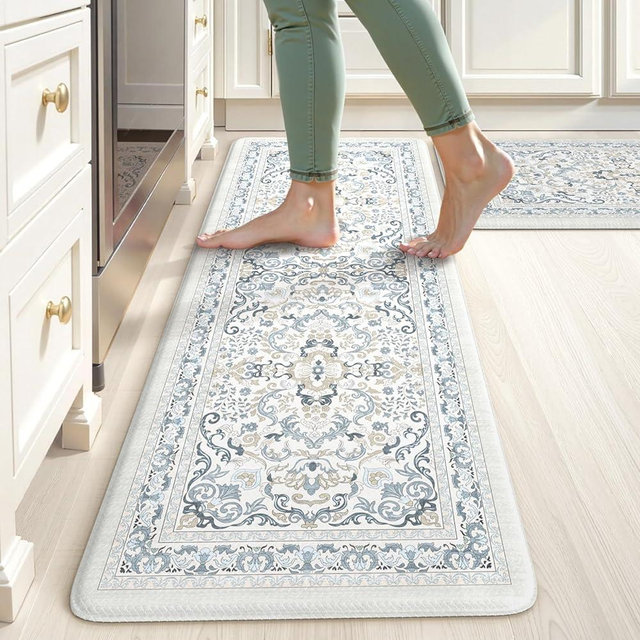 KIMODE Kitchen Floor Mats Cushioned Anti Fatigue,Boho Vintage Floral Rugs Sets of 2,Ergonomic Memory Foam Carpet Non Slip, Comfort Runner for Sink Laundry Office,Light Blue