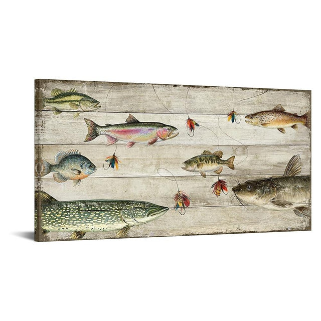KREATIVE ARTS Fishing Wall Art 20x40 Inch Canvas Print Rustic Fish Artwork with Lures and Hooks Lake House Cabin Lodge Man Cave Decor Fishing Enthusiast Home Decoration Ready to Hang