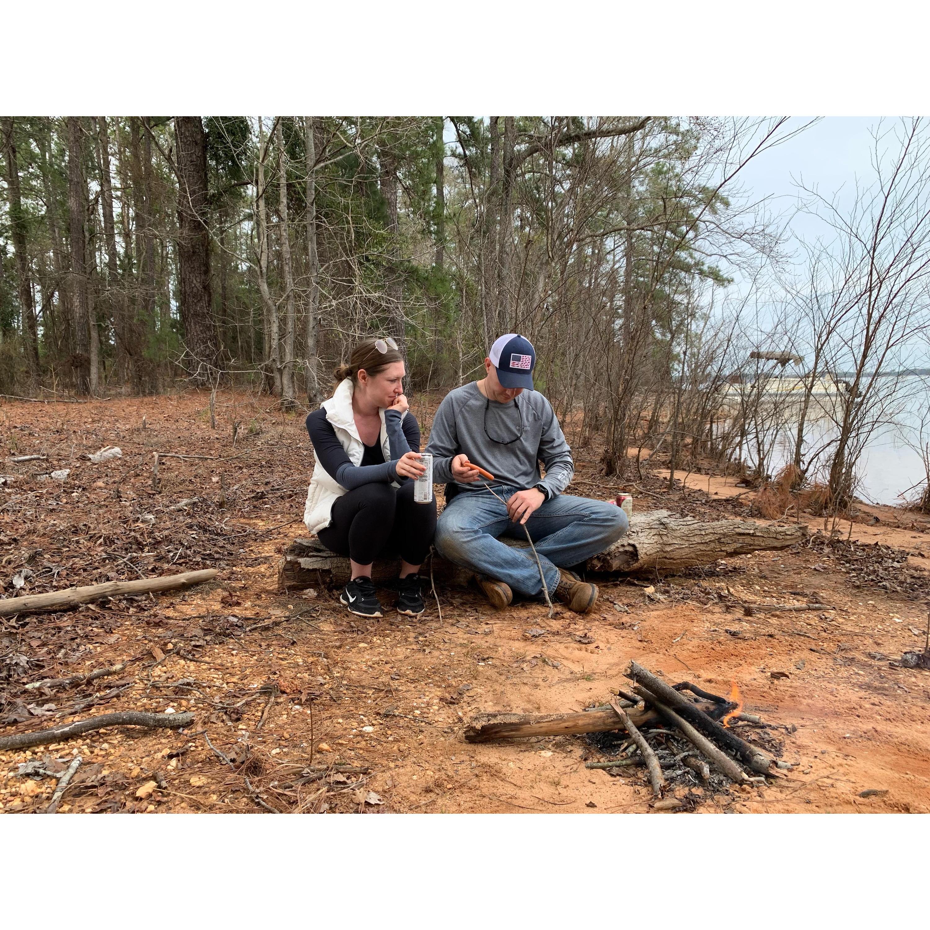 We found a great place in South Carolina to camp with our friends. Loved taking our boat, Positive Town, out there to the lake and camp on the shore!