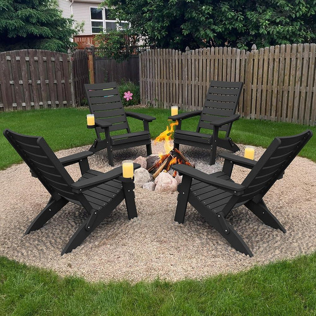YEFU Folding Oversized Adirondack Chair: Heavy Duty Composite Plastic Patio Adirondack Chair Set of 4 with Arc Backrest & Cup Holder - All Weather HIPS Fire Pit Chairs for Outdoor Indoor Lawn Black