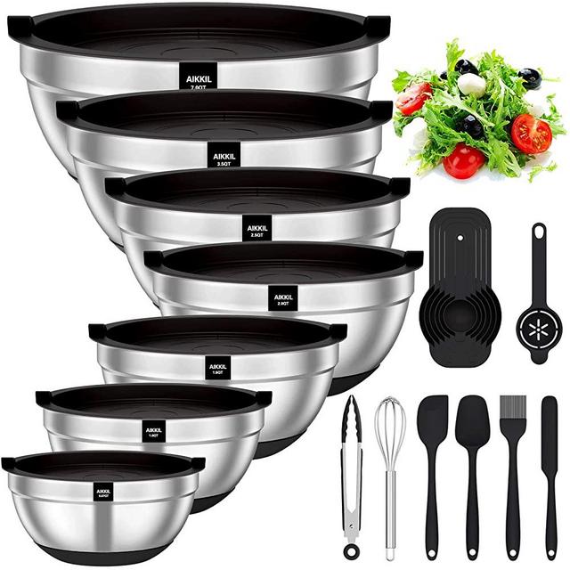 Mixing Bowls with Airtight Lids, 20 piece Stainless Steel Metal Nesting Bowls, AIKKIL Non-Slip Silicone Bottom, Size 7, 3.5, 2.5, 2.0,1.5, 1,0.67QT Great for Mixing, Baking, Serving (Black)