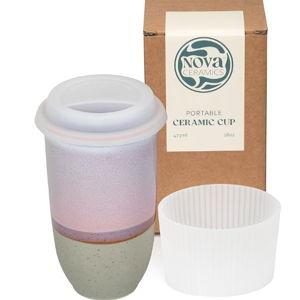 NOVA CERAMICS Coffee Travel Mug – Reusable To Go Mug – Microwave & Dishwasher Safe White & Purple Tumbler - Gifts For Women Men Him Her – 16oz – Horizon