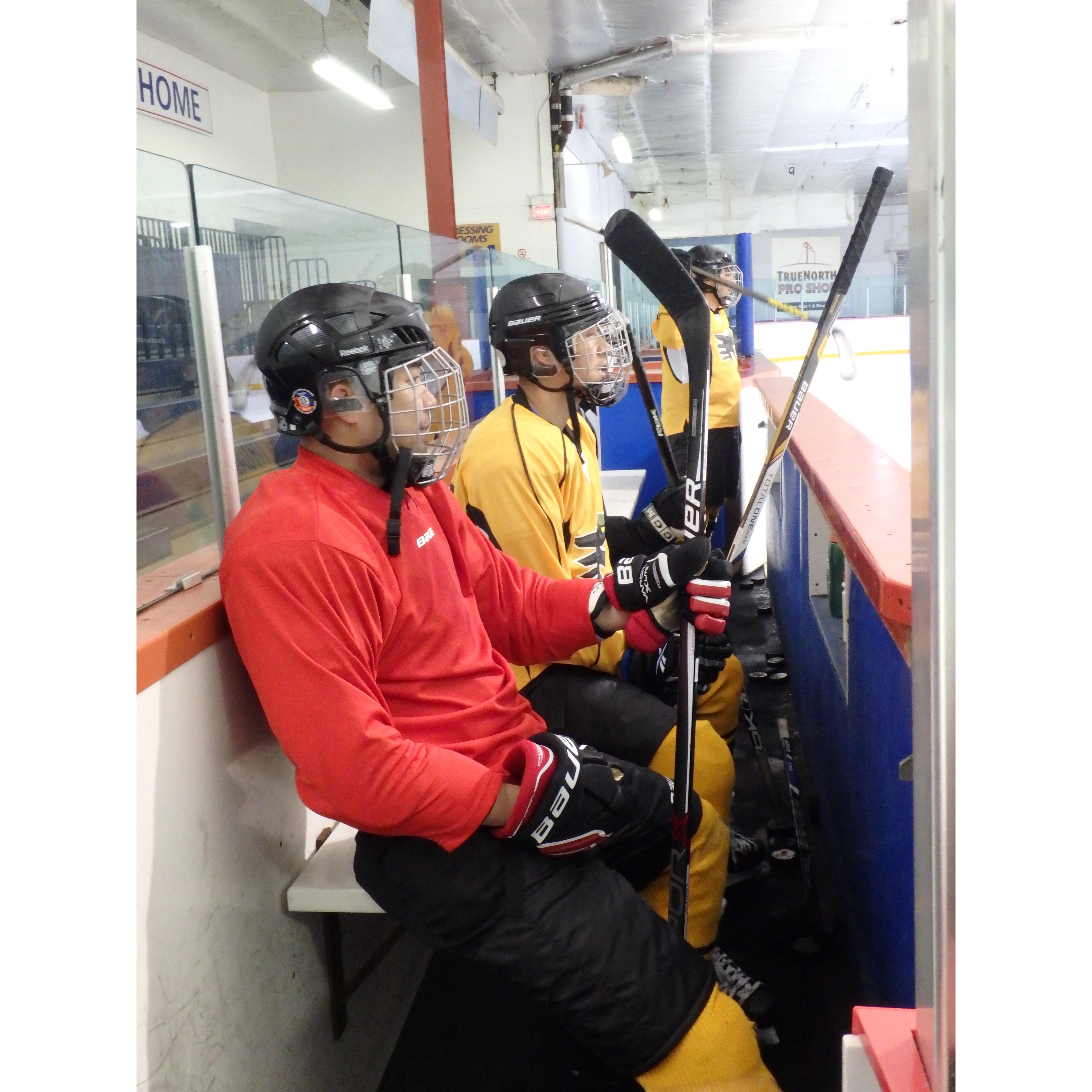 Martin with friends during his weekly co-ed hockey games in Brampton.