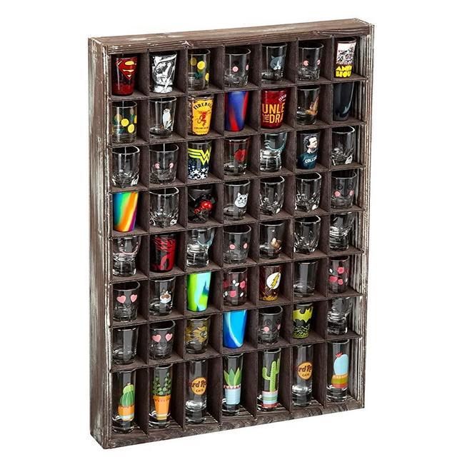 J JACKCUBE DESIGN - Rustic Wood Shot Glasses Display Case 56 Compartments Wall Mount Pint glass Shadow box Bar Cabinet Collection Freestanding - MK524A