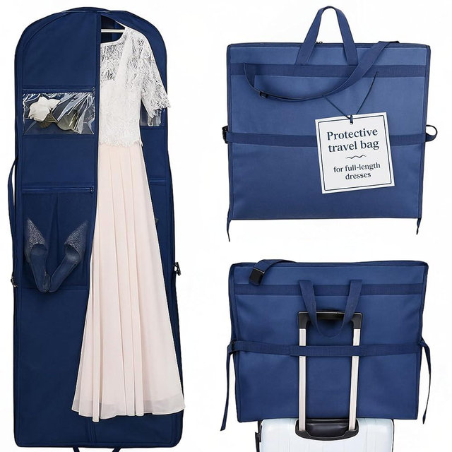 Sturdy Oxford polyester fabric - 72" Wedding Dress Garment Bag - Shoulder Strap - Accessory Pockets - Attaches to Suitcase – Waterproof – Trifold – Designed for Full Skirts – Carry Handle