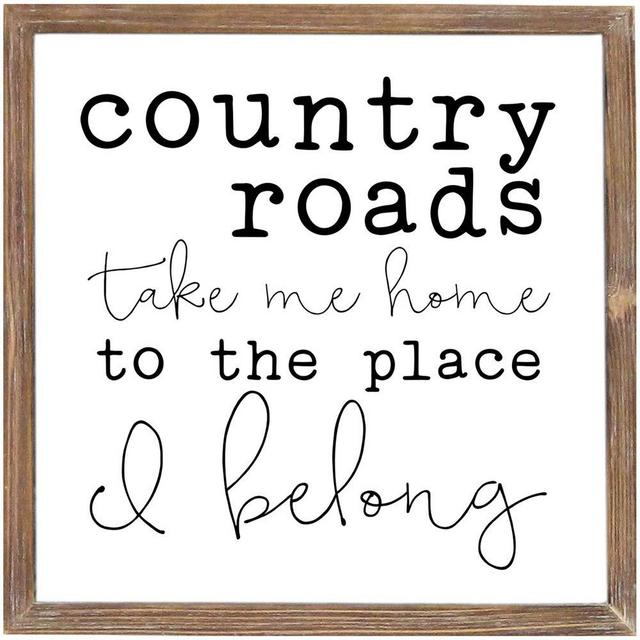 12" x 12" Country Roads Take Me Home Wood Framed Wall Sign for Home Decor,Farmhouse Wall Decor Sign with Sayings for Living Room,Vintage Country Wall Art