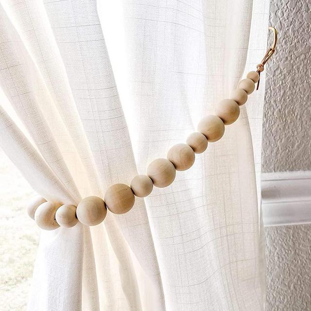 ZILucky Set of 2 Curtain Tie Backs, Natural Wood Drape Tiebacks, Window Treatment, Farmhouse Garland, Boho Decor Accessories (Primary Color Beads - Khaki Leather Cord)