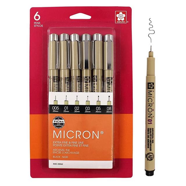 SAKURA Pigma Micron Fineliner Pens - Archival Black Ink Pens - Pens for Writing, Drawing, or Journaling - Assorted Point Sizes - 6 Pack