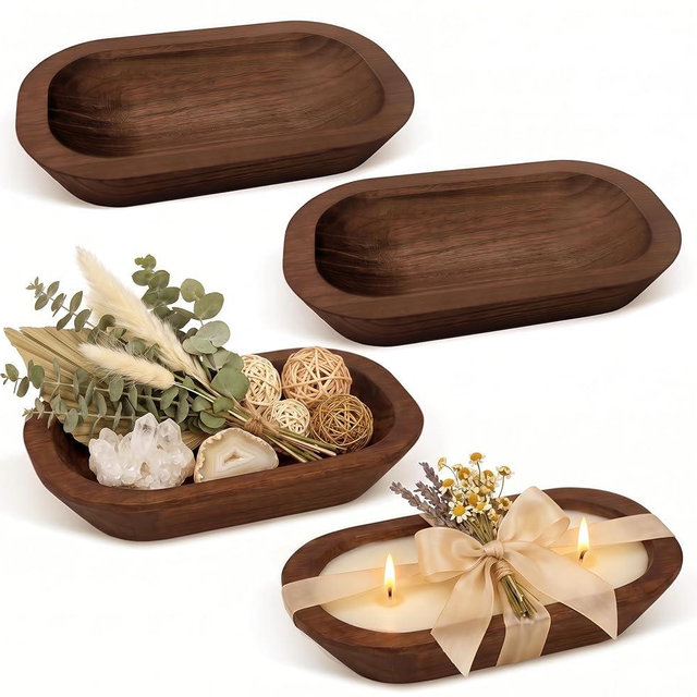 VryaSang 4 Pack Dough Bowls for Candle Making, 9.5 x 5.5 x 1.6 Inch Paulownia Wooden Bowl, Rustic Vintage Table Centerpieces for Living Room, Farmhouse Decor & Wedding DIY(Brown)
