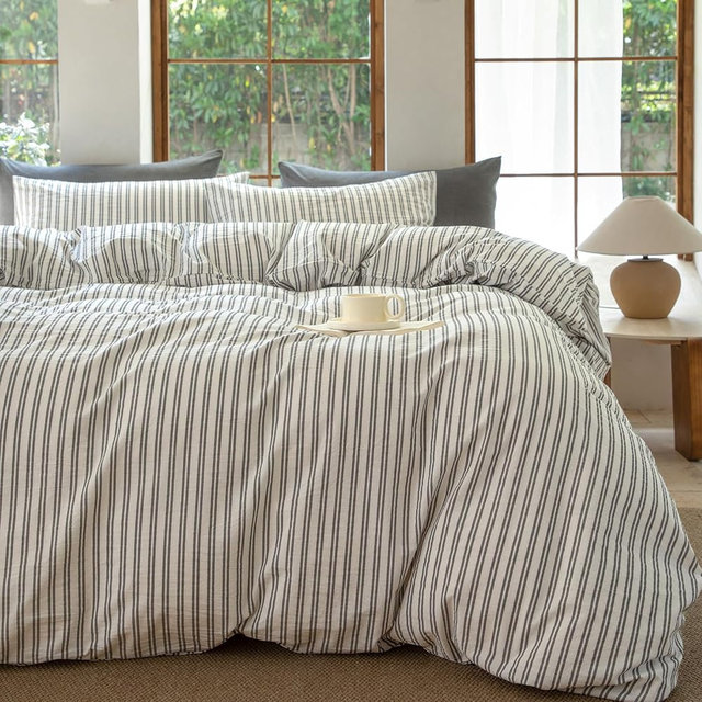 BESTDESIL Striped Duvet Cover Set,100% Washed Cotton Line Like Breathable Trendy Bedding Set(Strip-White/Black,King)