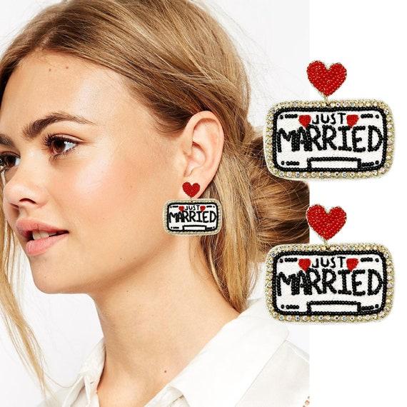 JUST MARRIED License Plate Heart Bridal Wedding Seed Beaded Statement Earrings