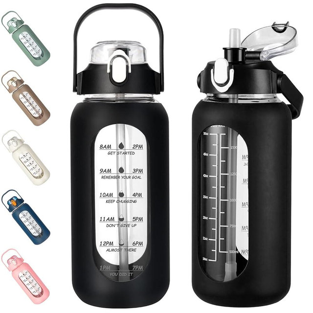 kytffu 64oz Glass Water Bottles with Straw, Half Gallon Motivational Glass Bottle with Silicone Sleeve and Time Marker, 2L Leakproof Large Glass Water Jug for Gym Home Office,Black