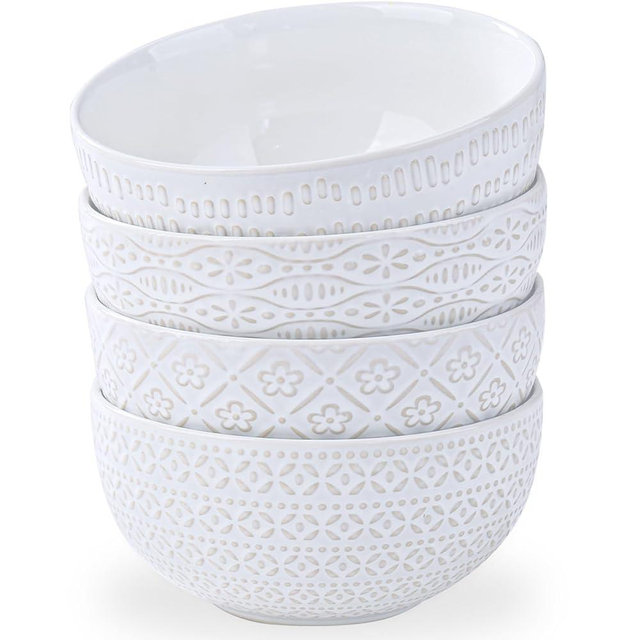 ARRADENS 40 OZ Large Cereal Bowls Set of 4, Farmhouse Embossment Ceramic Salad Bowls for Soup, Serving, Fruit, Snack, Noodle, Ramen, Pho, Microwave & Dishwasher Safe, 6.7 Inch White