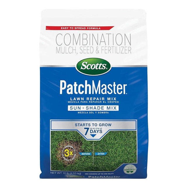 Scotts PatchMaster Lawn Repair Mix Sun + Shade Mix, Combination Grass Seed, Fertilizer, and Mulch, 10 lbs.