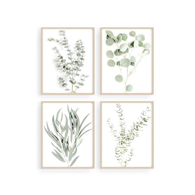 Haus and Hues Botanical Plant Wall Art Prints - Set of 4 Plant Wall Decor Prints Floral Kitchen Flower Leaves Wall Art Boho Leaf Eucalyptus Wall Decor Green Botanical Poster Set (Beige Framed) (11x14)