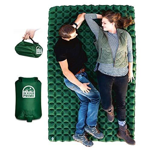 In Your Prime Double Sleeping Pad for Camping + Multi use Blow up Bag & Carabiner! Compact & Waterproof for Tent, Hiking, Backpacking, Truck or Beach- Fast Inflatable Sleeping mat