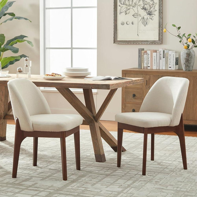 VKNOW Wooden Dining Chairs Set of 2, Upholstered Dining Room Chairs with Rubberwood Legs and Padded Seats, Kitchen Chairs for Restaurant Kitchen Living Room, Beige