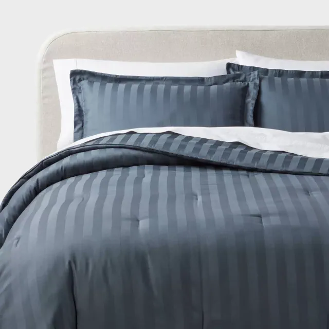 3pc Full/Queen Luxe Striped Damask Comforter and Sham Set Slate Blue - Threshold™: Cotton Sateen, 300 Thread Count, OEKO-TEX Certified