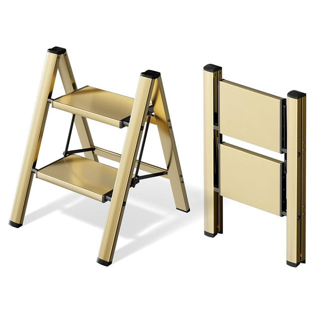HillhutApex 2 Step Ladder, Lightweight Portable 2 Step Stool with Anti-Slip Wide Pedal,330lbs Capacity Aluminum Ladder for Household,Office,Library(Gold)