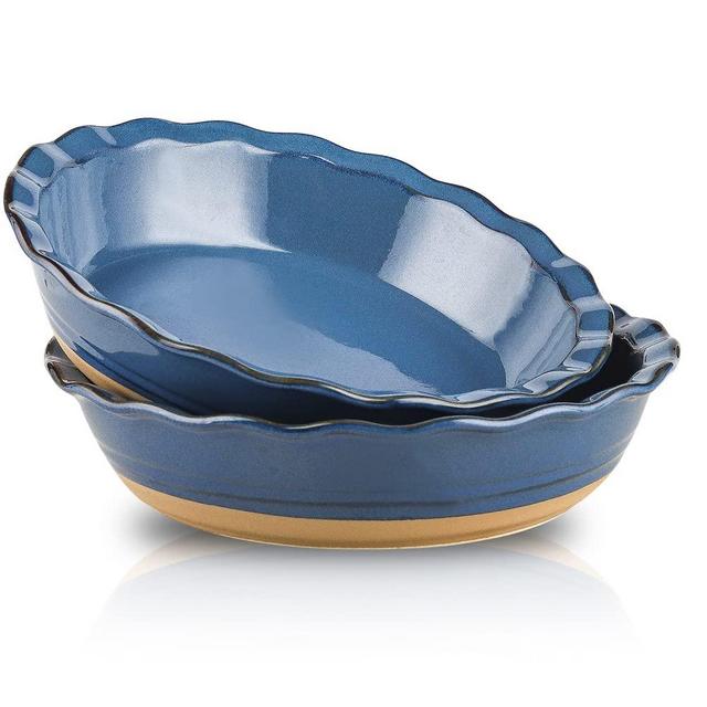 HVH 10 inch Pie Pan for Baking, Ceramic Pie Dish, Deep Dish Pie Plate for Dessert Kitchen, Deep Dish Pie Pan with Fluted Edge, Set of 2, Farmhouse Style (Blue)