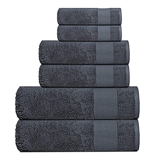 BIOWEAVES 100% Organic Cotton 700 GSM Plush 6-Piece Towel Set GOTS Certified, 2 Bath Towels, 2 Hand Towels & 2 Washcloths - Charcoal
