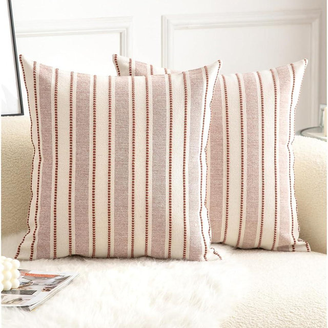 Cethom Decorative Boho Throw Pillow Covers, Farmhouse Textured Pillow Case, 22 x 22 Inch Set of 2, Chair Sofa Bedroom Living Room Home Decor Couch Cushion Case, Rust and Beige Striped
