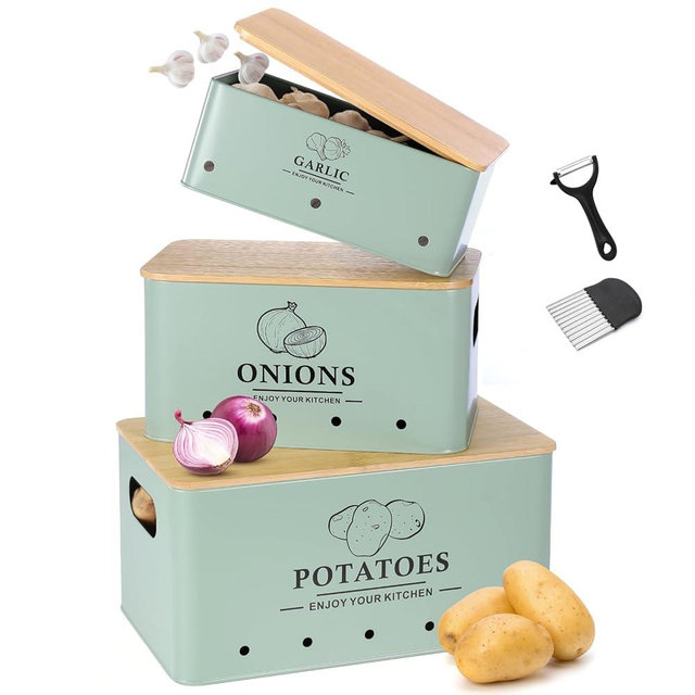 Dekosilave Kitchen Vegetable Storage Set of 3, Metal Onion Garlic Potato Storage Set, Kitchen Canisters Vegetable Keeper Containers with Aerating Holes and Wooden Lid (Sage Green)