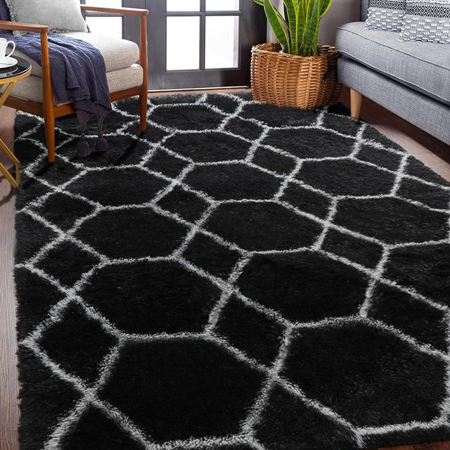 ONASAR Area Rugs for Bedroom Living Room, Fluffy 4x6 Black and White Rug, Geometric Washable Shaggy Plush Bedside Indoor Floor Carpet for Nursery Kids Teens Girls Boys Dorm Home Office Decor