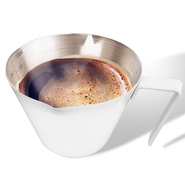 YARRAMATE Stainless Steel Espresso Shot Cup, Double Spout Metal Espresso Measuring Cup with V-Shaped Mouth, Espresso Accessories, 3.4OZ/100ML (White)