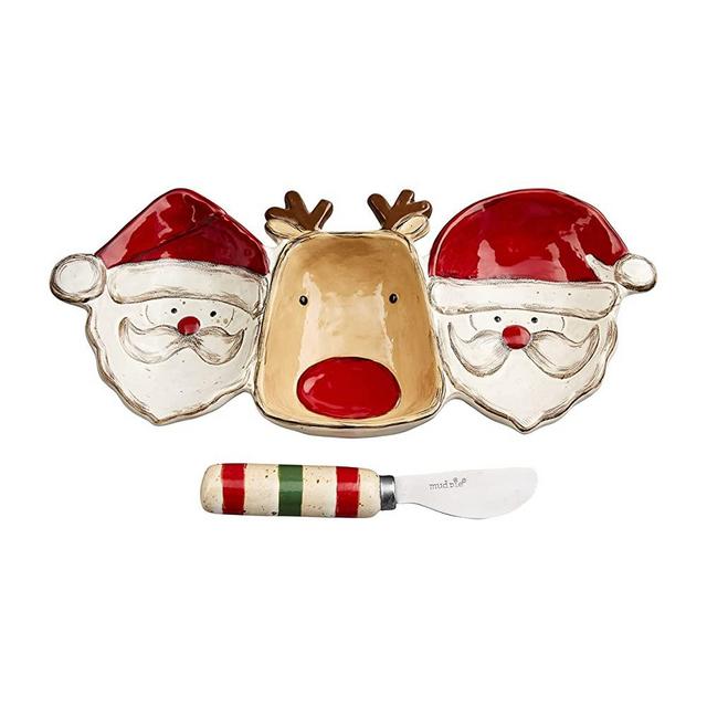 Mud Pie, Multi, Christmas Santa and Reindeer Triple Dip Serving Set, 5" x 11", dish spreader 5 1/2"