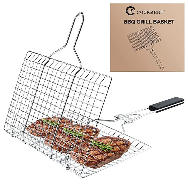 JY COOKMENT Grill Basket Stainless Steel with Portable Removable Handle, Grilling Basket-BBQ Accessories for Vegetable, Shrimp, Fish, Steak and Outdoor Use-Dishwasher Safe
