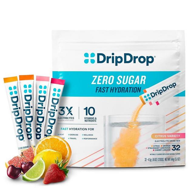 DripDrop Sugar Free Hydration Packets - Zero Citrus Variety Pack - Single Serve Electrolytes Powder Drink Mix - Cherry Limeade, Citrus, Orange, Strawberry Lemonade - Non-GMO, Gluten Free - 32 Sticks