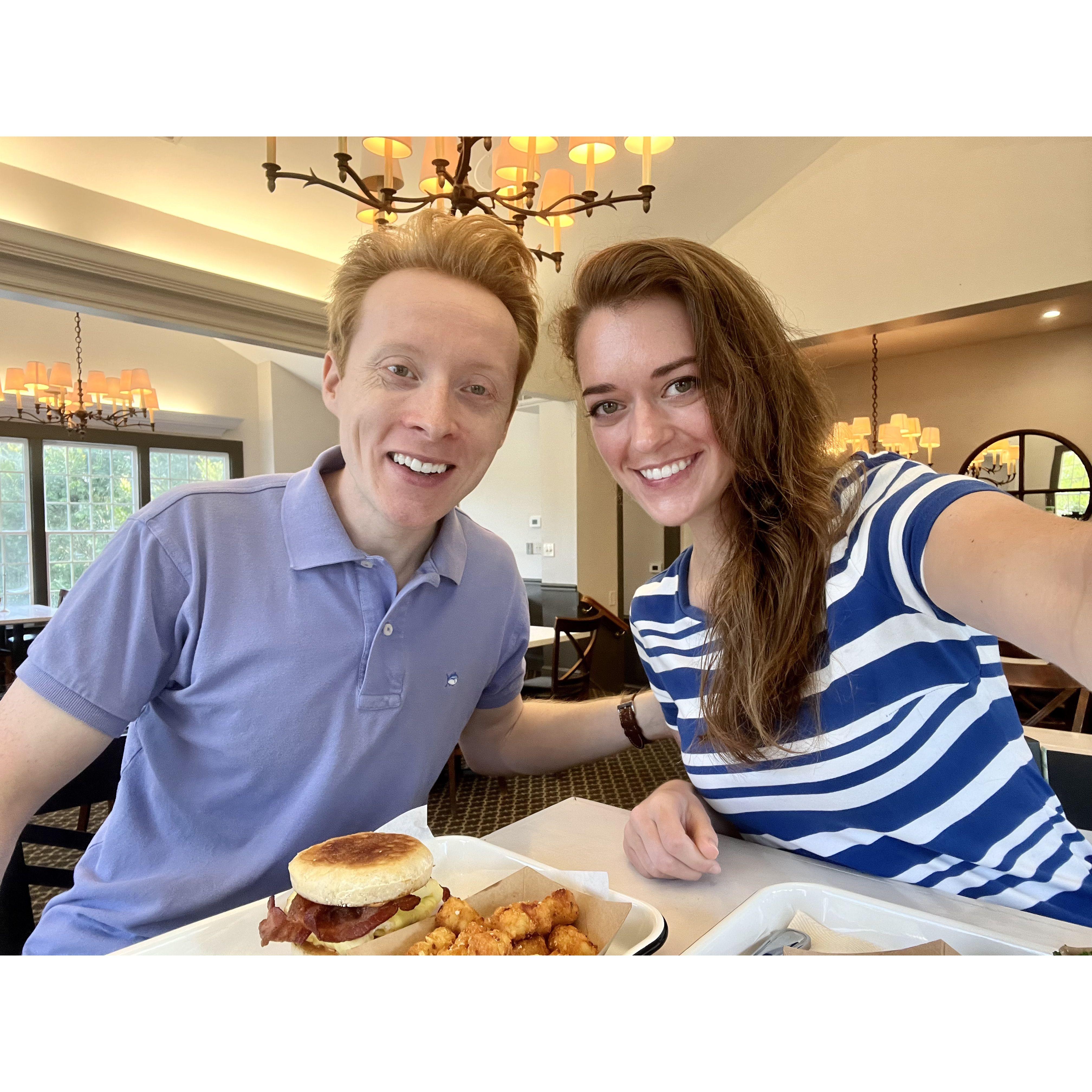 Colleen and Adam enjoy a nice breakfast together before church (one of their Sunday traditions)  at the local Belted Goat restaurant in Fearrington Village - Aug 27, 2023
