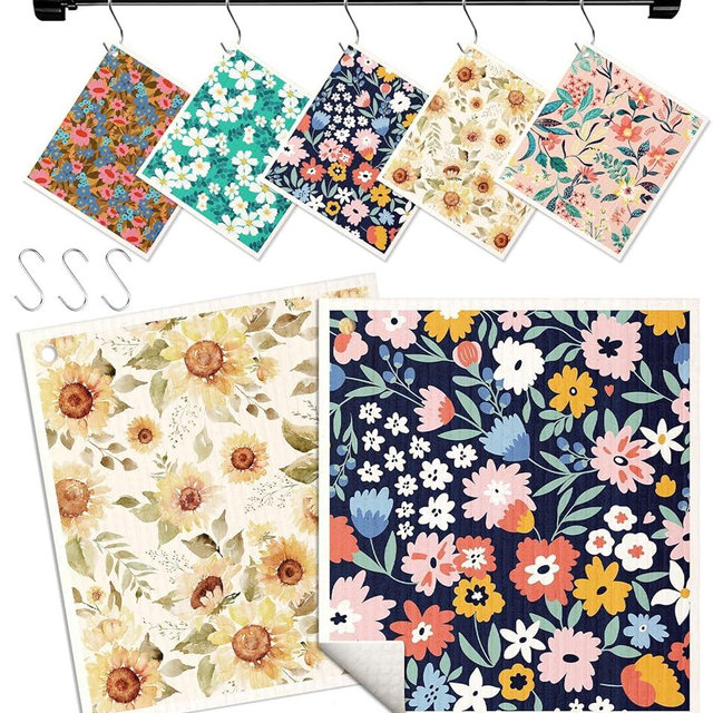 Miss Adola Swedish Dishcloths for Kitchen with Hooks - Reusable Dish Cloths for Washing Dishes Fast Drying Cute Fun 5 Pack Swedish Dish Towels Washable Cleaning Sponge, Color Floral Cluster