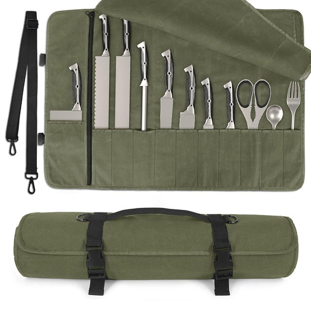 lelezone Chef Knife Roll Bag,Waterproof Waxed Canvas Knife Case Holds,Knives Roll Bags for Chefs Professional with Adjustable Strap,Chef Backpack with 11 Knife Slots and a Large Zippered Pocket