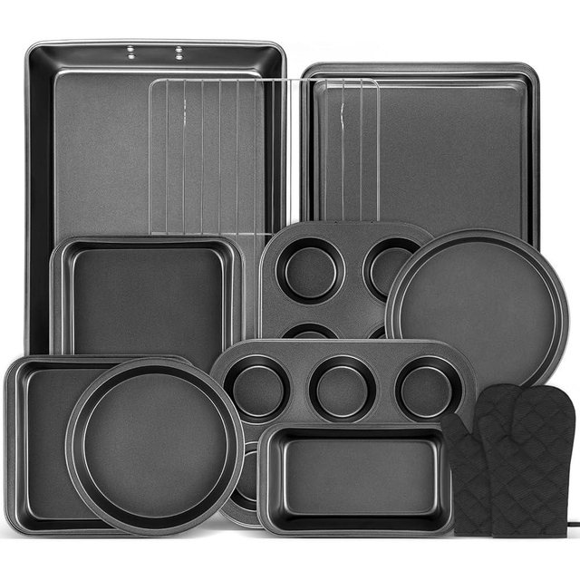 Gymdin 12PCS Nonstick Bakeware Set, Non-Toxic Carbon Steel Baking Pans Set with Wider Grip, Includes Roasting Pan, Cookie Sheet, Cake Pans, Muffin Pans, Cooling Rack, Oven Mitts, Easy Release