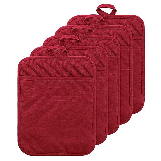 GROBRO7 5Pack Pocket Pot Holders Cotton Heat Resistant Potholder Multipurpose Hot Pads Machine Washable Oven Mitts Terry Cloth Potholders Bulk for Daily Kitchen Baking and Cooking 7 x 9 Inch Red