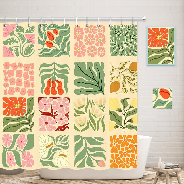 JAWO Retro Shower Curtain Vintage Abstract Boho Floral Shower Curtains for Bathroom Decor Pink Yellow Botanical Geometric Groovy Aesthetic Pattern Shower Curtain Sets with Hooks,70X70IN
