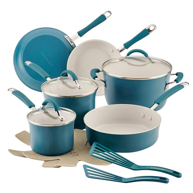 Rachael Ray Cucina Ceramic Nonstick Pots and Pans Set with Saucepans, Saute, Frying Pans, Stockpot, Lids, Pan Protectors, and Cooking Utensils, 13 Piece Non Stick Cookware Set - Marine Blue