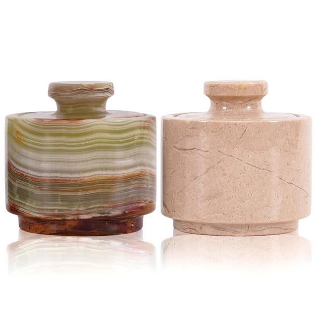 MARBLOUS KRAFTS Marble Salt Cellar with Lid 3" Inch Green Onyx and Verona Salt Holder - Ideal Sugar, Salt and Pepper Bowls For Kitchen Storage