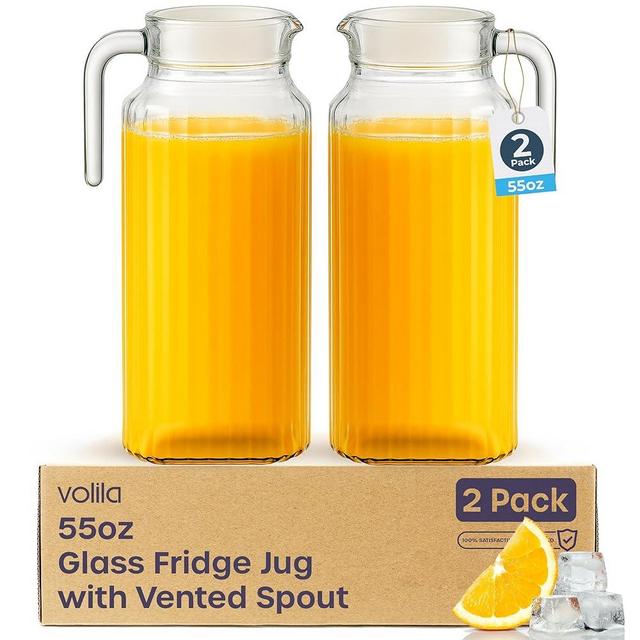 Glass Pitcher - (2 Pack) 1.7 Liter / 55 oz Clear Glass Pitchers with Handle and Lid - with Ribbed Design and Vented Spout - for Fridge Shelf and Everyday Use
