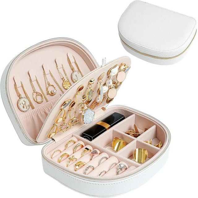 ProCase Travel Size Jewelry Box, Small Portable Seashell-Shaped Jewelry Case, 2 Layer Mini Jewelry Organizer in PU Leather for Women -White